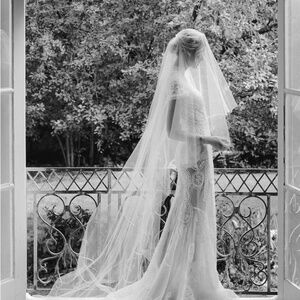 Designer Floor-Length White Wedding Veil with Blusher